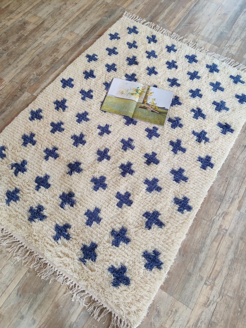 Blue and White Rug, Wool Moroccan Rug, Petfriendly Rug, Wool Rug 8X10