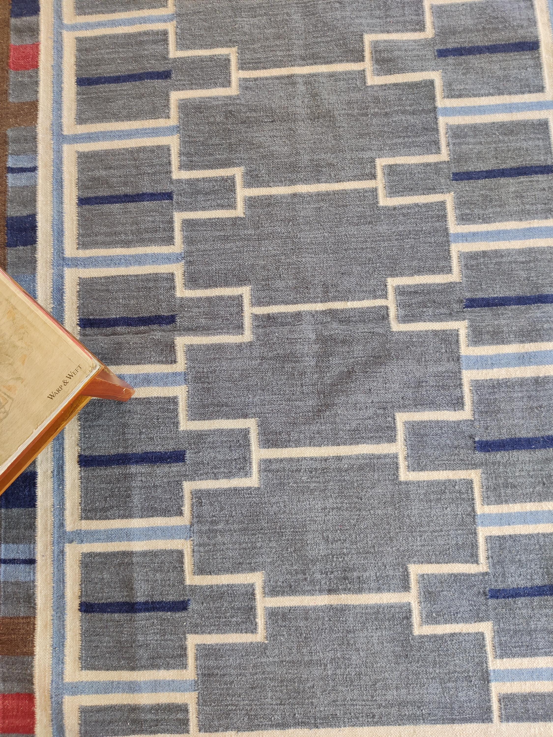 幾何学模様 手織り ラグ インディゴ ヴィンテージ キリム デニム 幾何