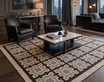 Neutraal katoenwollen vloerkleed, handgeweven geometrisch vloerkleed, Scandinavisch plat geweven dhurrie, modern beige bruin tapijt, handgemaakte woonkamer