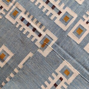 Modern Geometric Wool Rug, Handwoven Swedish Flatweave Rug, Handmade Mid Century Kilim Style Accent Rug, Blue Wool Rug 8x10, 9x12, 12x15, Modern design rug, Bedroom accent rug, Handmade kilim carpet, Indoor Rug, Personalized Rug, Luxury Rug