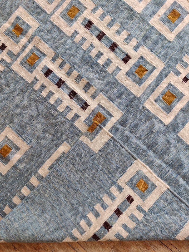 Modern Geometric Wool Rug, Handwoven Swedish Flatweave Rug, Handmade Mid Century Kilim Style Accent Rug, Blue Wool Rug 8x10, 9x12, 12x15, Modern design rug, Bedroom accent rug, Handmade kilim carpet, Indoor Rug, Personalized Rug, Luxury Rug