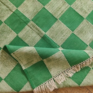Green Checkered Cotton Chenille Rug, 8x10 Flatweave Area Rug, Handwoven Cotton Rug For Bedroom, Home And Living, Hallway Rug, Indoor Rug