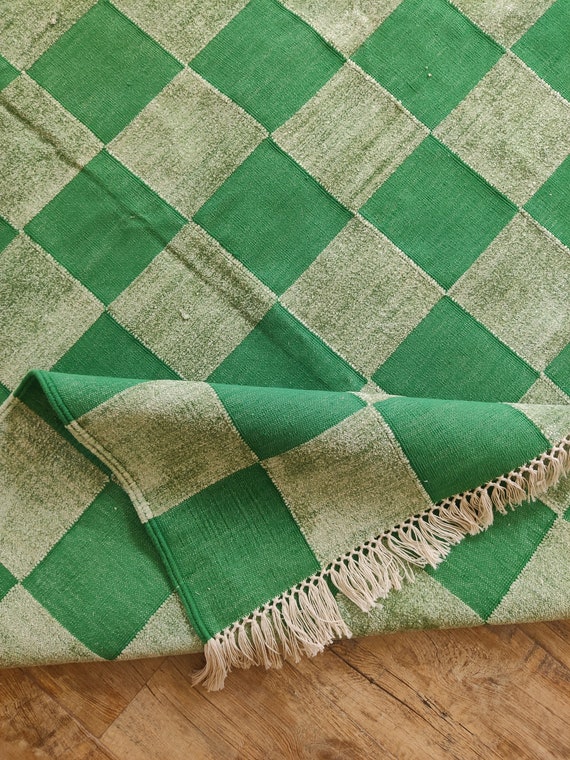 Green Checkered Cotton Chenille Rug, 8x10 Flatweave Area Rug, Handwoven Cotton Rug For Bedroom, Home And Living, Hallway Rug, Indoor Rug