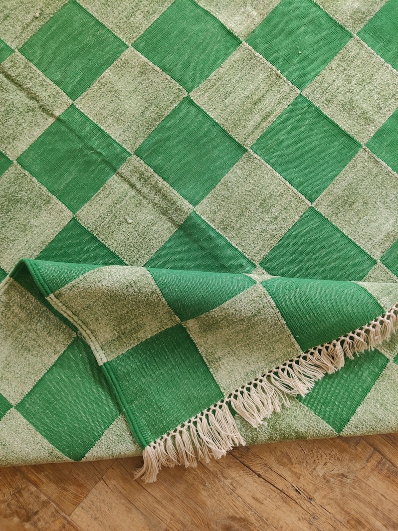 Green Checkered Cotton Chenille Rug, 8x10 Flatweave Area Rug, Handwoven Cotton Rug For Bedroom, Home And Living, Hallway Rug, Indoor Rug