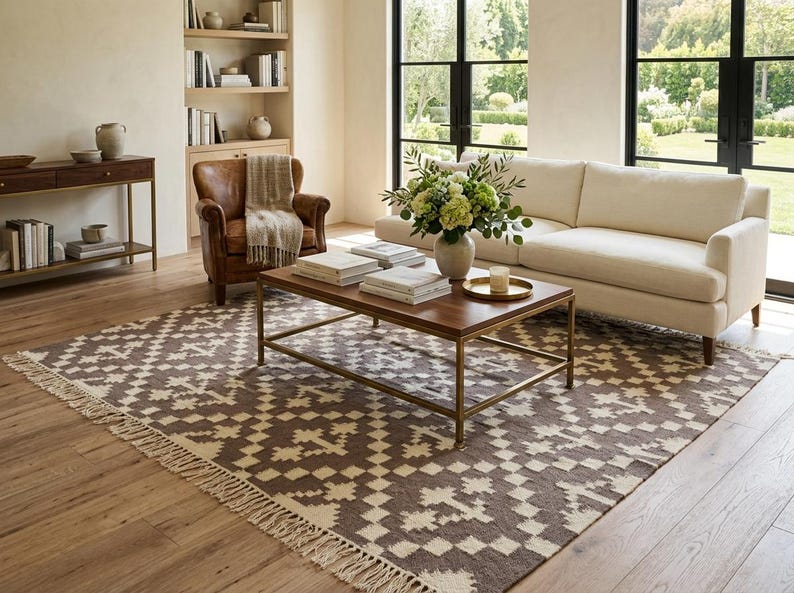 Handgeweven wollen vloerkleed, modern bruin en wit wollen vloerkleed, plat geweven vloerkleed, 5 x 8 ft kelim geweven vloerkleed, slaapkamertapijten, vloerkleed voor binnen en buiten afbeelding 1