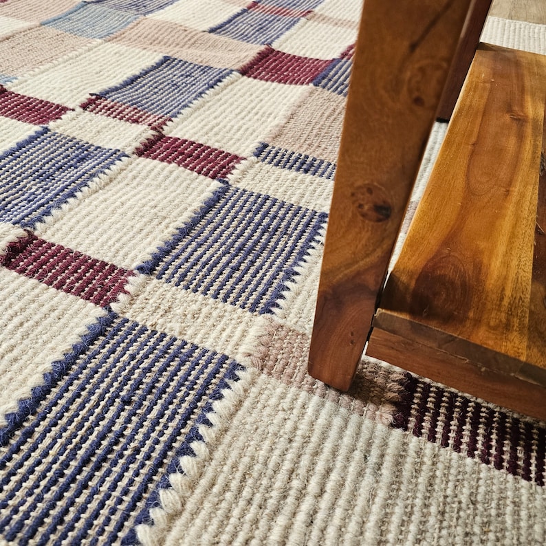 Handwoven Woolen Plaid Rug, Checker Home Decor Custom Area Rug, Bedroom And Living Room Rug, Elegant Checkered Pattern Rug, Wool Rug 8x10