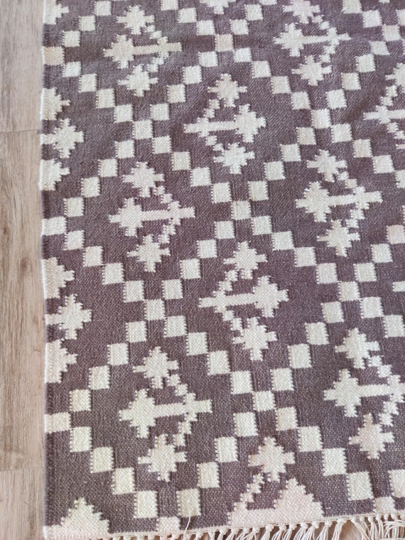 Handwoven Wool Rug, Modern Wool Brown And White Area Rug, Flatweave Rug, 5x8 Ft Kilim Woven Rug, Rugs For Bedroom, Indoor And Outdoor Rug