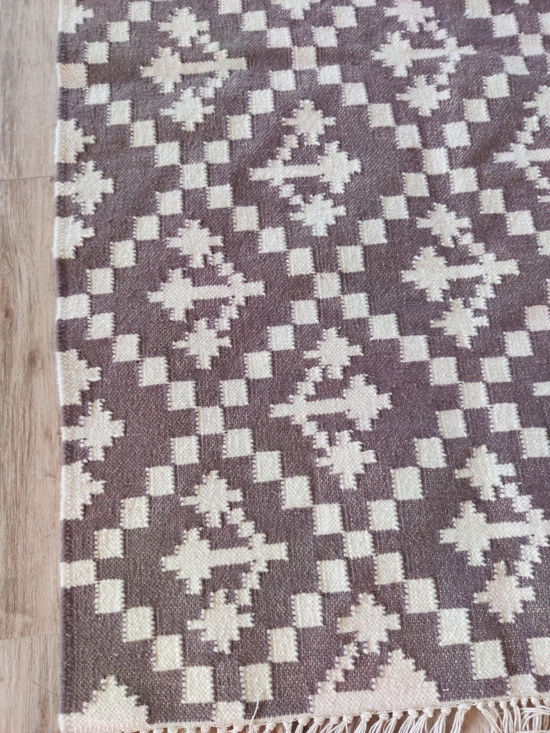 Handwoven Wool Rug, Modern Wool Brown And White Area Rug, Flatweave Rug, 5x8 Ft Kilim Woven Rug, Rugs For Bedroom, Indoor And Outdoor Rug