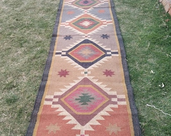 Wool Jute Colorful Kilim Exclusive Runner Rug,Tapis Kilim Bedside Living Room Eco Friendly Rouge Carpet Bohemian 2.8x8.4 Feet Braided Rug