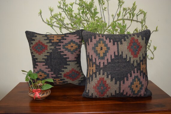 Wool Jute Cushion Cover,Ethnic Kilim Pillow Case,Indian Rug Gallery,Home And Living Cushion Covers,Bohemian Cushion Cover,Sofa Case.