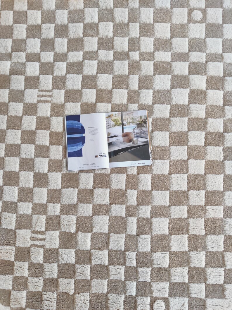 Beige Checkered Rug, Round Wool Rug, Beni Ourain Rug, Check Wool Rug, 5x5 Round Rug, Handmade Circle Rug, Rugs For Bedroom, Dining Table Rug