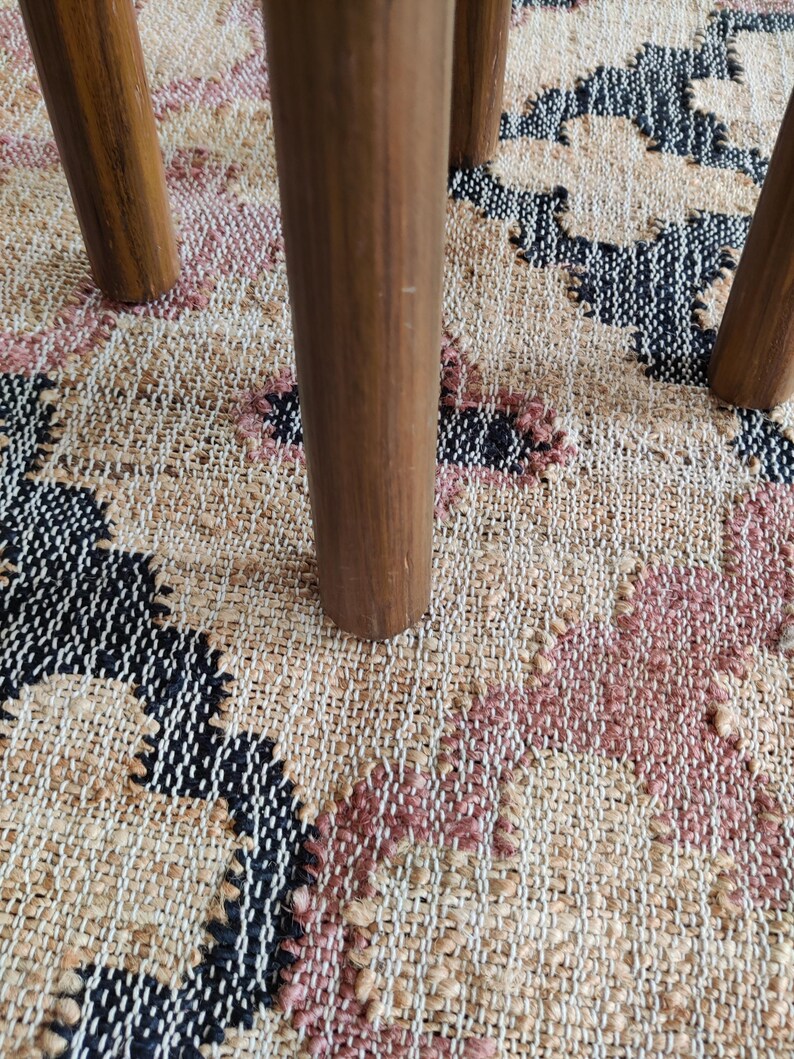 Beige Jute and Cotton Rug with Red Diamond, Natural Jute Hand Woven Premium Quality Boho Style Rug Moroccan Nordic Rug Bohemian Decor Rug