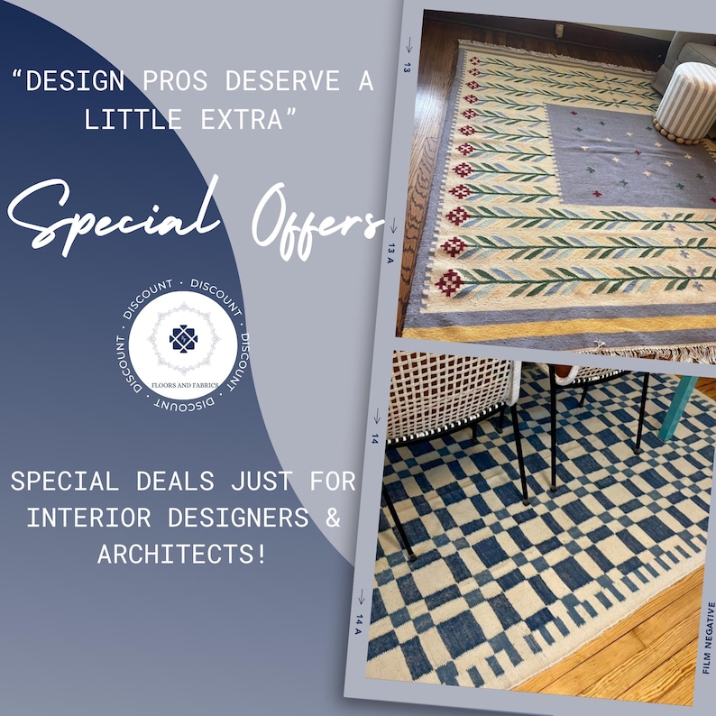 May include: Two rectangular area rugs. The top rug features a light blue center with small floral motifs and a border of stylized red and green flowers. The bottom rug displays a blue and white geometric checkerboard pattern with fringe edges.