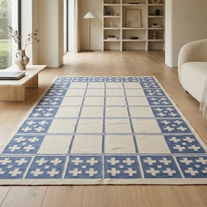 Cotton Wool Rug, Blue Geometric Handwoven Area Rug, Flatweave Living Room Carpet, Scandinavian Style Bedroom Rug, Soft Durable Rug, 8x10 Rug image 3