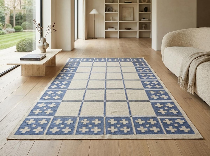 Cotton Wool Rug, Blue Geometric Handwoven Area Rug, Flatweave Living Room Carpet, Scandinavian Style Bedroom Rug, Soft Durable Rug, 8x10 Rug image 3