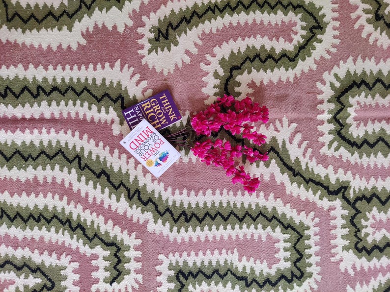 Cotton Wool Pink and Green Rug, Handwoven Modern Flatweave Area Rug
