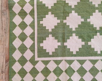 Modern Flatweave Scandinavian Rug, Handmade Green & White Geometric Cotton Rug, Living Room, Hallway, 8x10, 9x12, Woven Cotton Floor Dhurrie