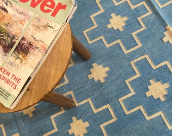 Watten blauw en wit handgemaakt tapijt, handgeweven modern platgeweven vloerkleed voor binnen, 5 x 8 kelim geweven katoenen tapijt voor slaapkamer, op maat gemaakt tapijt
