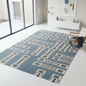 Handwoven Geometric Wool Rug: Mid Century Modern Kilim Style Dhurrie, Indoor Kilim Carpet, Bedroom, Living Room Rug, Wool Rug 8x10, 9x12 image 19