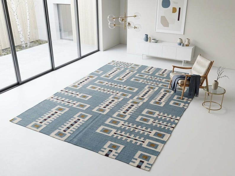 Handwoven Geometric Wool Rug: Mid Century Modern Kilim Style Dhurrie, Indoor Kilim Carpet, Bedroom, Living Room Rug, Wool Rug 8x10, 9x12 image 19
