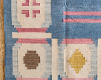 Alfombra de algodón de tejido plano de 13 x 18 cm, decoración del hogar, Dhurrie duradera, alfombra kilim tribal azul, alfombra con borde geométrico, alfombra para dormitorio infantil de 20 x 25 cm