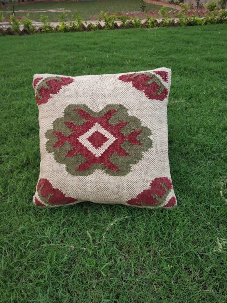 Wool Jute Cushion Cover,Ethnic Kilim Pillow Case,Indian Rug Gallery,Home And Living Cushion Covers,Bohemian Cushion Cover,Sofa Case.