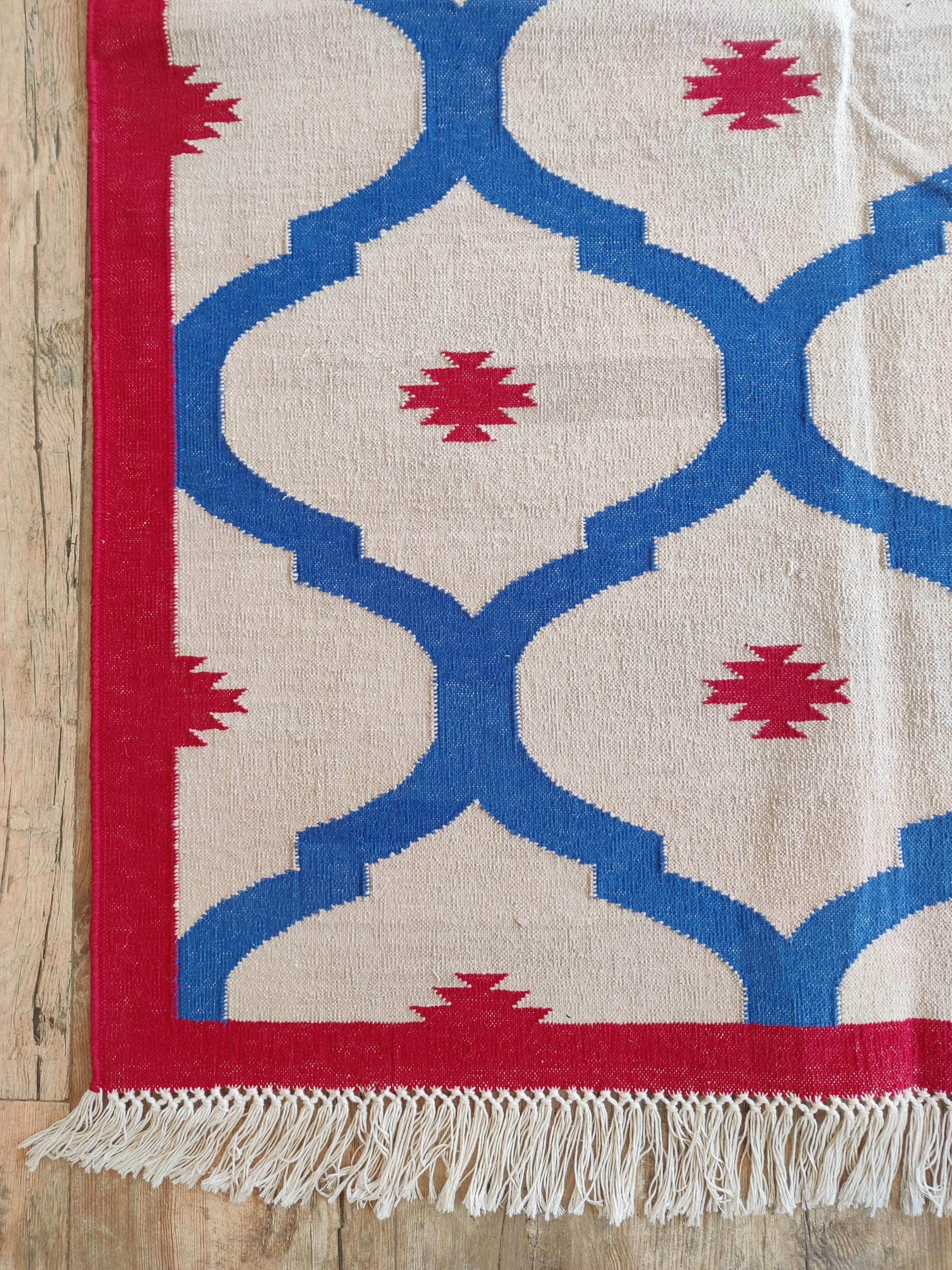 Red Geometric Cotton Dhurrie Rug: Indian Kilim Style, 10x14 Ft - Etsy