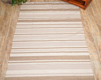 Handmade Flatweave Rug, Modern Striped Wool Neutral Rug, Hallway Floor Rug, Cotton Rug, Home And Living Room Rug, Home Decor Boho Area Rug