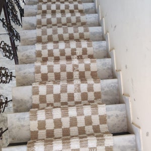 Stair Area Runner Rug - Modern Irregular Checkered Wool Dhurrie, Home Decor Step Area Rug, Stairway Padded Personalization Custom Rug