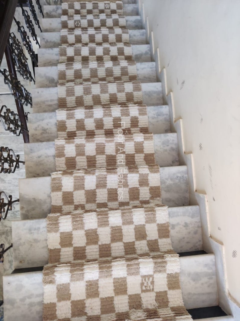 Stair Area Runner Rug - Modern Irregular Checkered Wool Dhurrie, Home Decor Step Area Rug, Stairway Padded Personalization Custom Rug