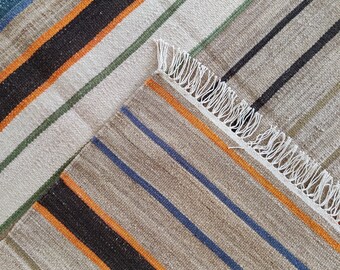 Handwoven Wool Area Rug 5x8 ft: Multicolor Striped Flatweave Dhurrie, Indoor And Outdoor Kilim Rug, Wool Rug 6x9, 8x10, 9x12, Bedroom Rug