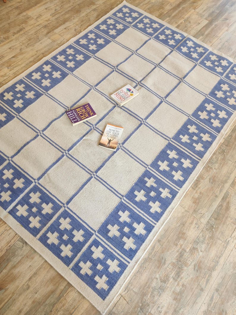 Cotton Wool Rug, Blue Geometric Handwoven Area Rug, Flatweave Living Room Carpet, Scandinavian Style Bedroom Rug, Soft Durable Rug, 8x10 Rug image 20