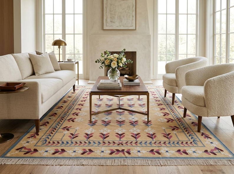 Handwoven Modern Wool Floral Area Rug, Multicolor Traditional Geometric Flatweave Carpet, Rugs For Living Room, Bedroom, Modern Rug 8x10 image 1