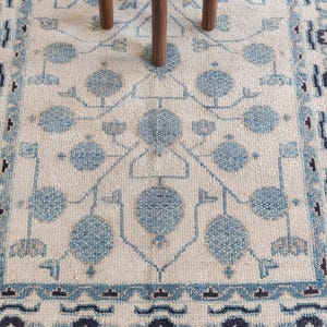 Hand Knotted Oushak Wool Rug 5x7 FT: Blue Beige Turkish Vintage Style