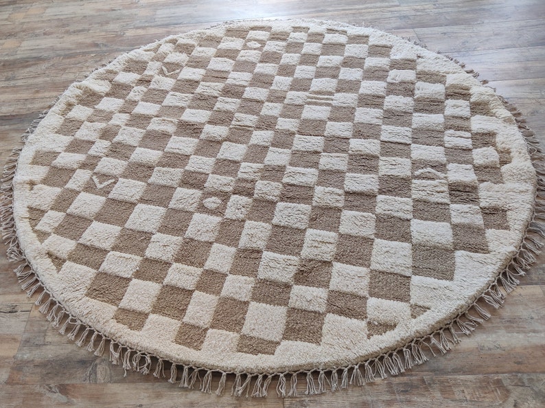 Beige Checkered Rug, Round Wool Rug, Beni Ourain Rug, Check Wool Rug, 5x5 Round Rug, Handmade Circle Rug, Rugs For Bedroom, Dining Table Rug