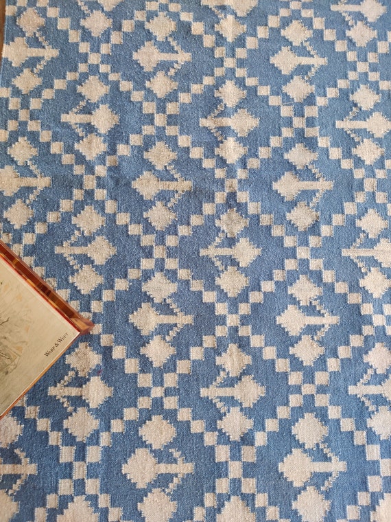 Cotton Wool Blue And White Handmade Rug, Handwoven Modern Flatweave Area Rug For Indoor and Outdoor, 5X8 Kilim Woven Rug