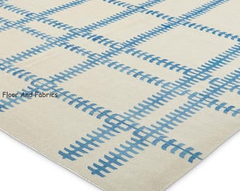 8X10 Feet Custom Size Floor Area Home Decor Rug, Personalized Dhurrie For Living Room Rug, Bedroom Rug, Modern Blue Grid Area Carpet