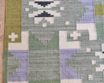Green & Lavender Wool Area Rug: Boho Southwestern Kilim 8x10