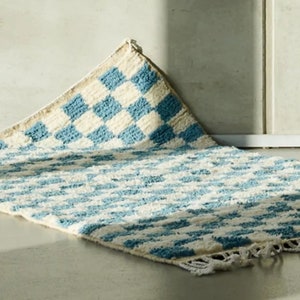 Checkered Moroccan Wool Area Rug, Pale Blue Checkerboard Rug for Living ...
