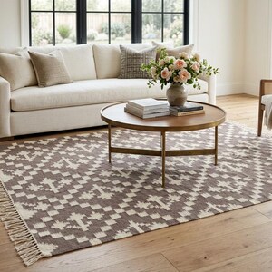 Handgeweven wollen vloerkleed, modern bruin en wit wollen vloerkleed, plat geweven vloerkleed, 5 x 8 ft kelim geweven vloerkleed, slaapkamertapijten, vloerkleed voor binnen en buiten afbeelding 3