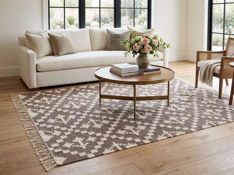 Handgeweven wollen vloerkleed, modern bruin en wit wollen vloerkleed, plat geweven vloerkleed, 5 x 8 ft kelim geweven vloerkleed, slaapkamertapijten, vloerkleed voor binnen en buiten afbeelding 3