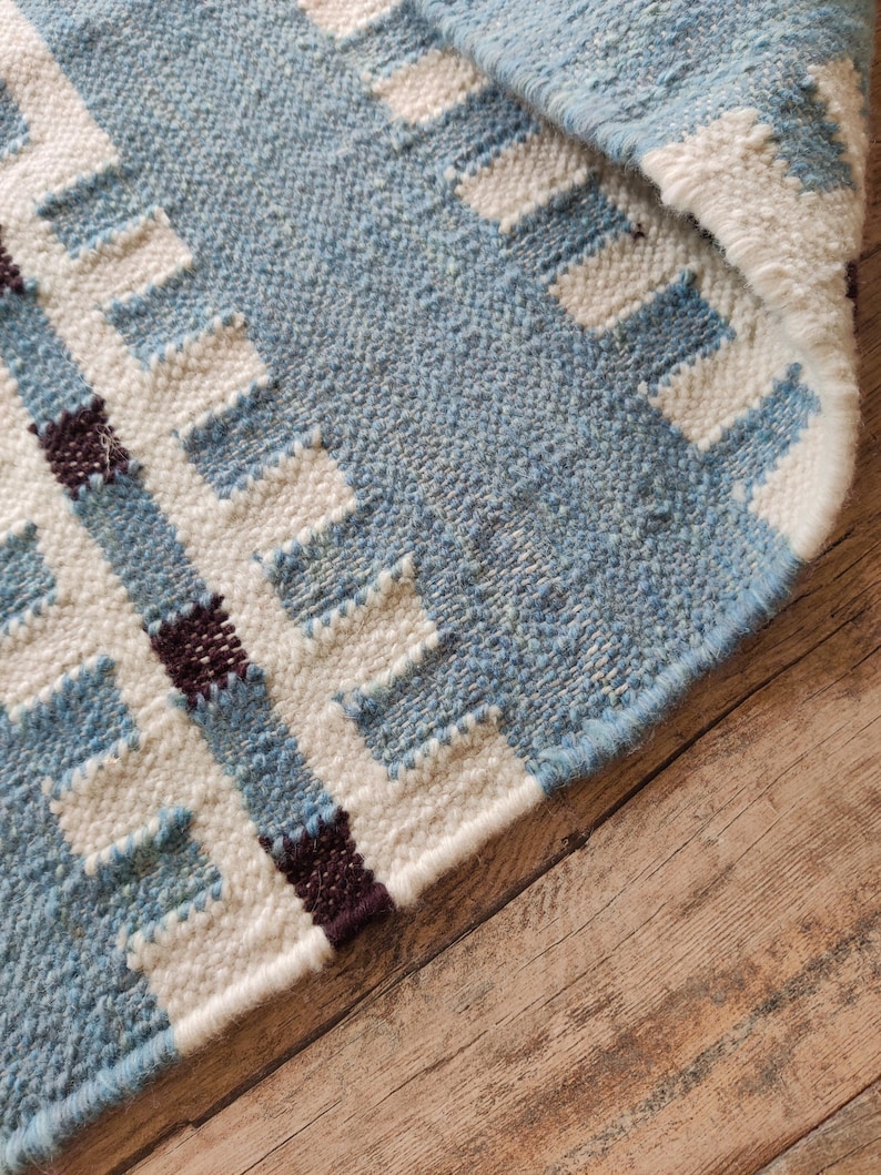 Modern Geometric Wool Rug, Handwoven Swedish Flatweave Rug, Handmade Mid Century Kilim Style Accent Rug, Blue Wool Rug 8x10, 9x12, 12x15, Modern design rug, Bedroom accent rug, Handmade kilim carpet, Indoor Rug, Personalized Rug, Luxury Rug