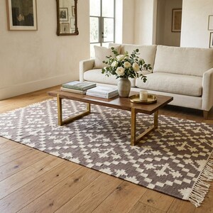 Handgeweven wollen vloerkleed, modern bruin en wit wollen vloerkleed, plat geweven vloerkleed, 5 x 8 ft kelim geweven vloerkleed, slaapkamertapijten, vloerkleed voor binnen en buiten afbeelding 13