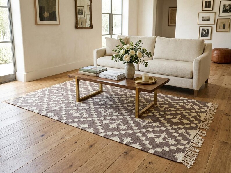 Handgeweven wollen vloerkleed, modern bruin en wit wollen vloerkleed, plat geweven vloerkleed, 5 x 8 ft kelim geweven vloerkleed, slaapkamertapijten, vloerkleed voor binnen en buiten afbeelding 13
