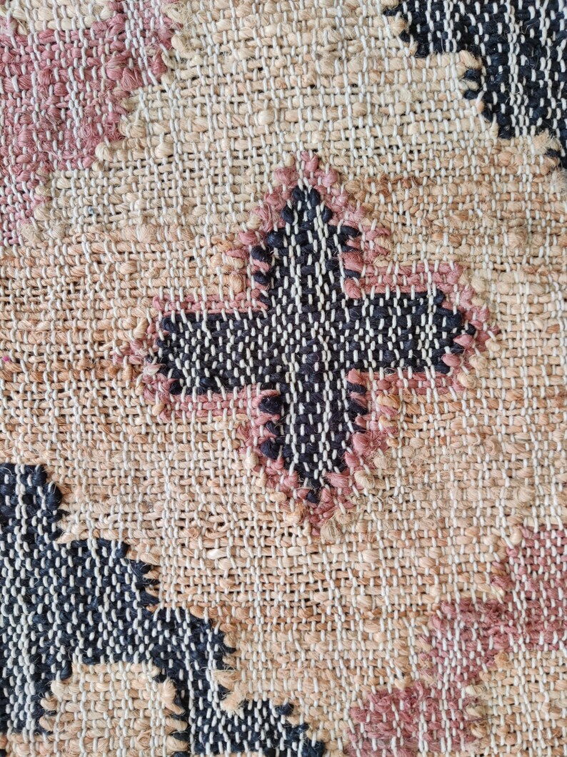 Beige Jute and Cotton Rug with Red Diamond, Natural Jute Hand Woven Premium Quality Boho Style Rug Moroccan Nordic Rug Bohemian Decor Rug