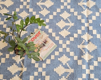 Tappeto fatto a mano in lana blu e bianco, moderno tappeto in lana a trama piatta per interni ed esterni, tappeto in cotone intrecciato Kilim 9X12 per camera da letto
