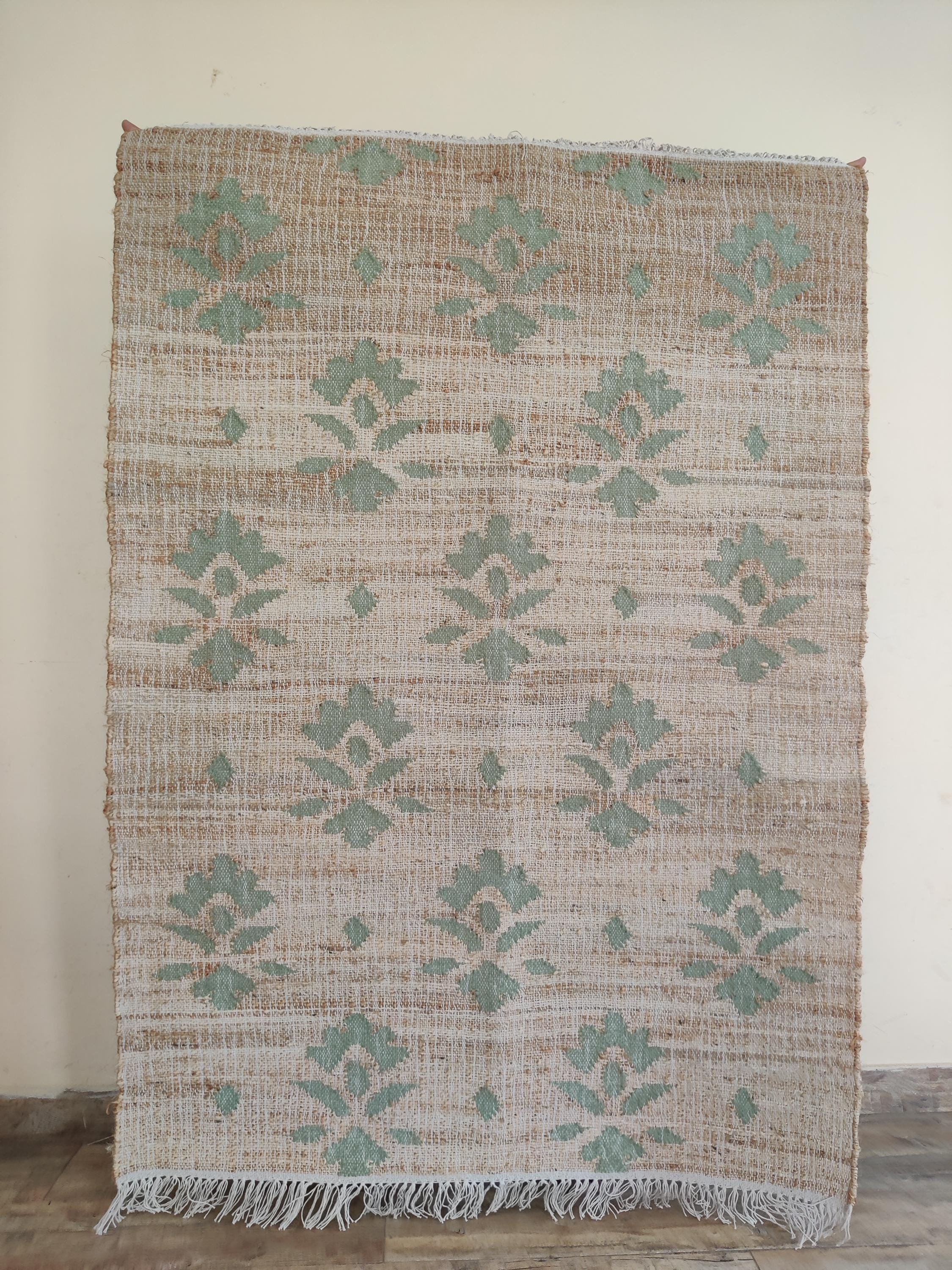 Handmade Flatweave Jute Rug, Natural Jute Green Flower