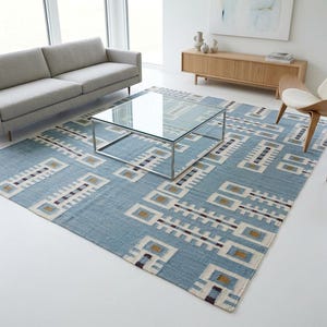 Handwoven Geometric Wool Rug: Mid Century Modern Kilim Style Dhurrie, Indoor Kilim Carpet, Bedroom, Living Room Rug, Wool Rug 8x10, 9x12 image 16