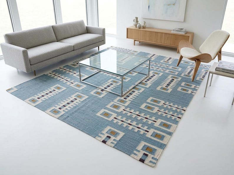 Handwoven Geometric Wool Rug: Mid Century Modern Kilim Style Dhurrie, Indoor Kilim Carpet, Bedroom, Living Room Rug, Wool Rug 8x10, 9x12 image 16