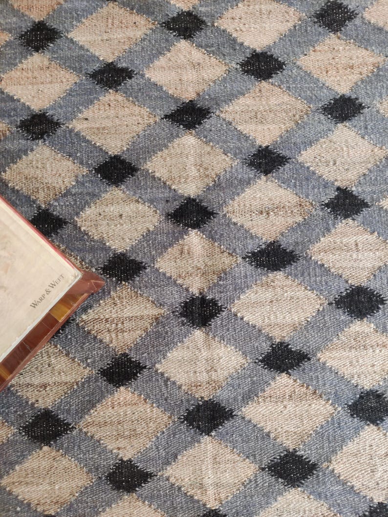 Handwoven Jute Hemp Rug, Black Grey Geometric Diamond Flatweave Carpet, Sustainable Natural Fiber Area Rug for Living Room 5x8, 6X9, 8X10, 
jute hemp rug,

geometric jute rug,

diamond pattern carpet,

natural fiber rug,

handwoven jute rug,

eco friendly rug,

sustainable floor rug,

neutral tone carpet,

boho farmhouse rug,

black grey jute rug,

flatweave area rug,

rustic decor rug